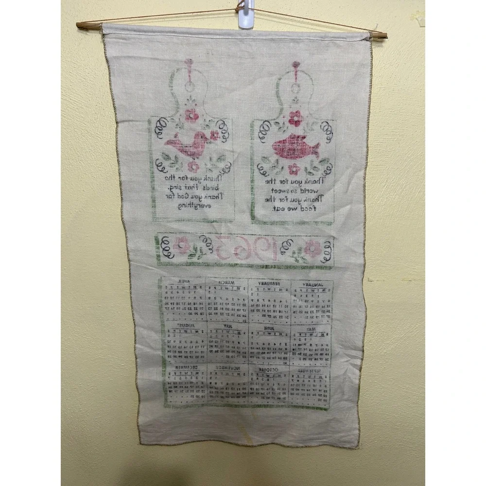 Vintage 1963 Linen Calendar Tea Towel Mid Century Folk Art Bird Fish Wall Decor